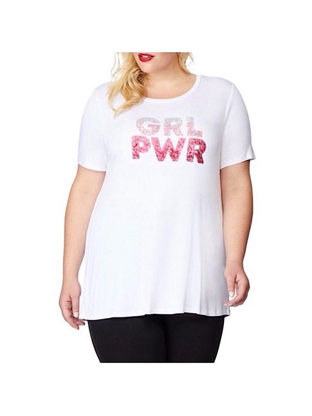Rebel Wilson x Angels White & Pink 'Grl Pwr' Sequined Tee Plus Size 1X